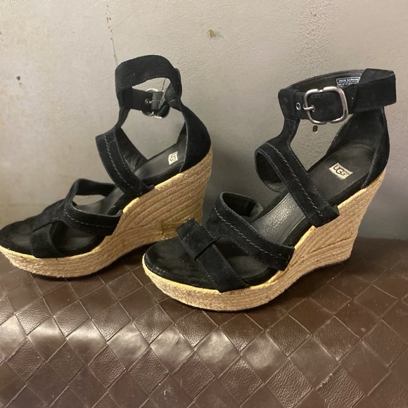 UGG Shoes - UGG Black Suede Espadrille Wedge Sandals with Ankle Strap